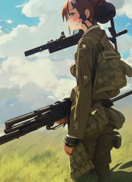 Image similar to portrait of cute soldier girl shooting rifle, cloudy sky background lush landscape illustration concept art anime key visual trending pixiv fanbox by wlop and greg rutkowski and makoto shinkai and studio ghibli and kyoto animation soldier clothing military gear realistic anatomy mechanized