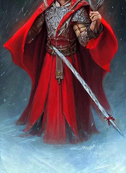 Prompt: beautiful bright red cloak stunning priest, ultra detailed fantasy, dndbeyond, bright, colourful, realistic, dnd character portrait, full body, pathfinder, pinterest, art by ralph horsley, dnd, rpg, lotr game design fanart by concept art, behance hd, artstation, deviantart, hdr render in unreal engine 5