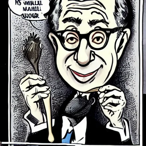 Prompt: woody allen kissing a large spoon, caricature, mad magazine, by mort drucker