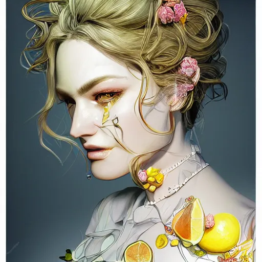 Image similar to the portrait of an absurdly beautiful, graceful, elegant, sophisticated, young idol made up of lemons, an ultrafine hyperdetailed illustration by kim jung gi, irakli nadar, intricate linework, bright colors, octopath traveler, final fantasy, unreal engine 5 highly rendered, global illumination, radiant light, detailed and intricate environment