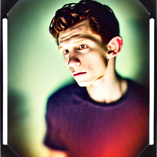 Image similar to grainy color polaroid of Tom Holland, dreamlike, intricate detail, sigma 85mm f/1.4, 4k