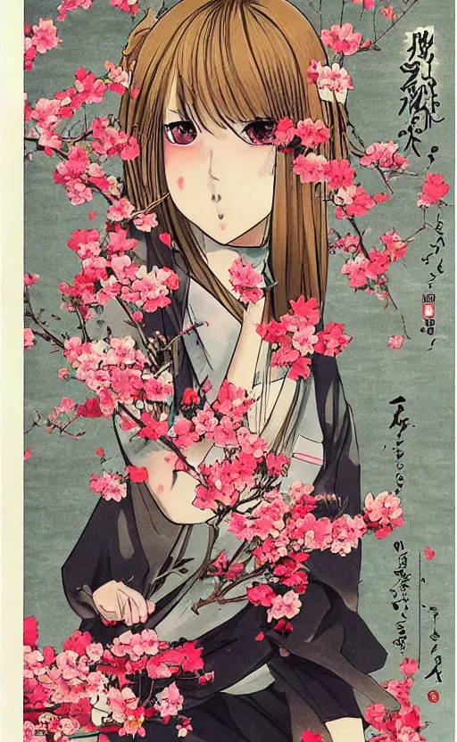 Image similar to by akio watanabe, manga art, realistic anatomy, a blondee girl and blossoming sakura petals, trading card front, kimono, sun in the background