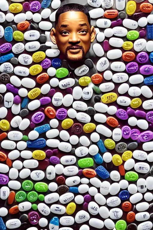 Prompt: will smith made out of pills, human face made out of pills, professional food photography