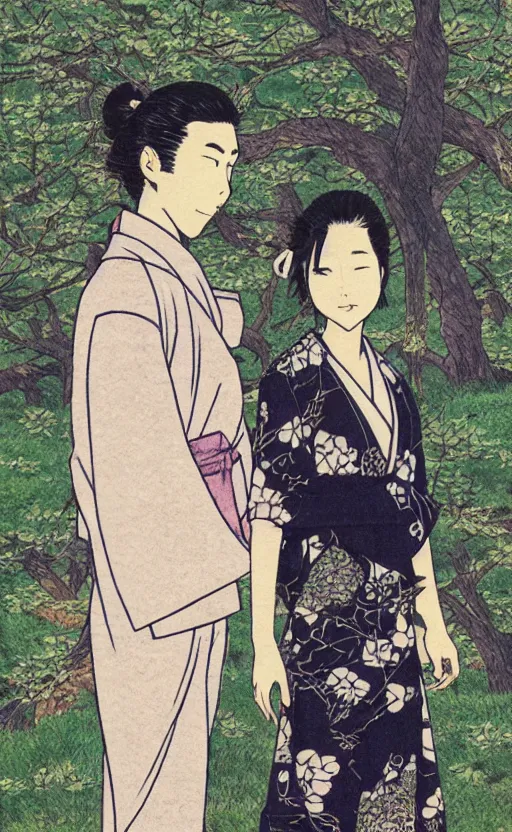 Image similar to by akio watanabe, manga art, girl next to male writer, willow tree and hill, trading card front, kimono, realistic anatomy, sun in the background