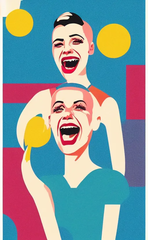 Image similar to illustration portrait of a woman with white buzzcut laughing out loud, art deco painting by tom whalen, by tomer hanukam funny meme photo, trending on behance, digital illustration, storybook illustration, grainy texture, flat shading, vector art, airbrush, pastel, watercolor, poster