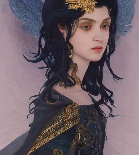 Image similar to god of death, young male, in the underworld, elegant dark blue dress, very detailed, throne, very intricate details, jewelry, gold eyeshadow, elaborate long black hairstyle, wings, cinematic, artstation, william bouguereau, alphonse mucha, greg rutkowski, rossdraws, octane render