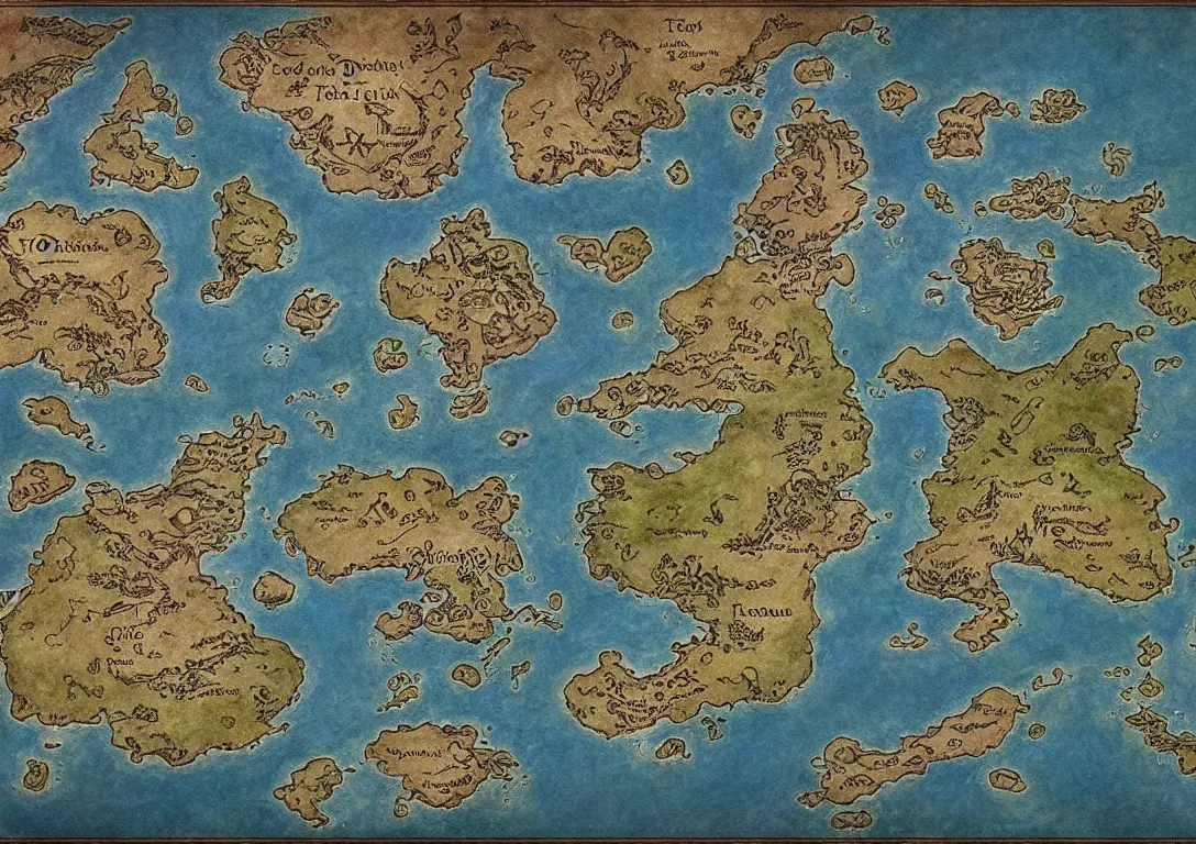 Image similar to simple fantasy map, the land of Odrua, several continents, world of Lute, by JRR Tolkien and Brian Froud, Vatican Map Room, fantasy concept painting, Magic The Gathering Art, trending on art station, showing kingdoms, oceans, continents, vast seas, open plains, swamps frame border