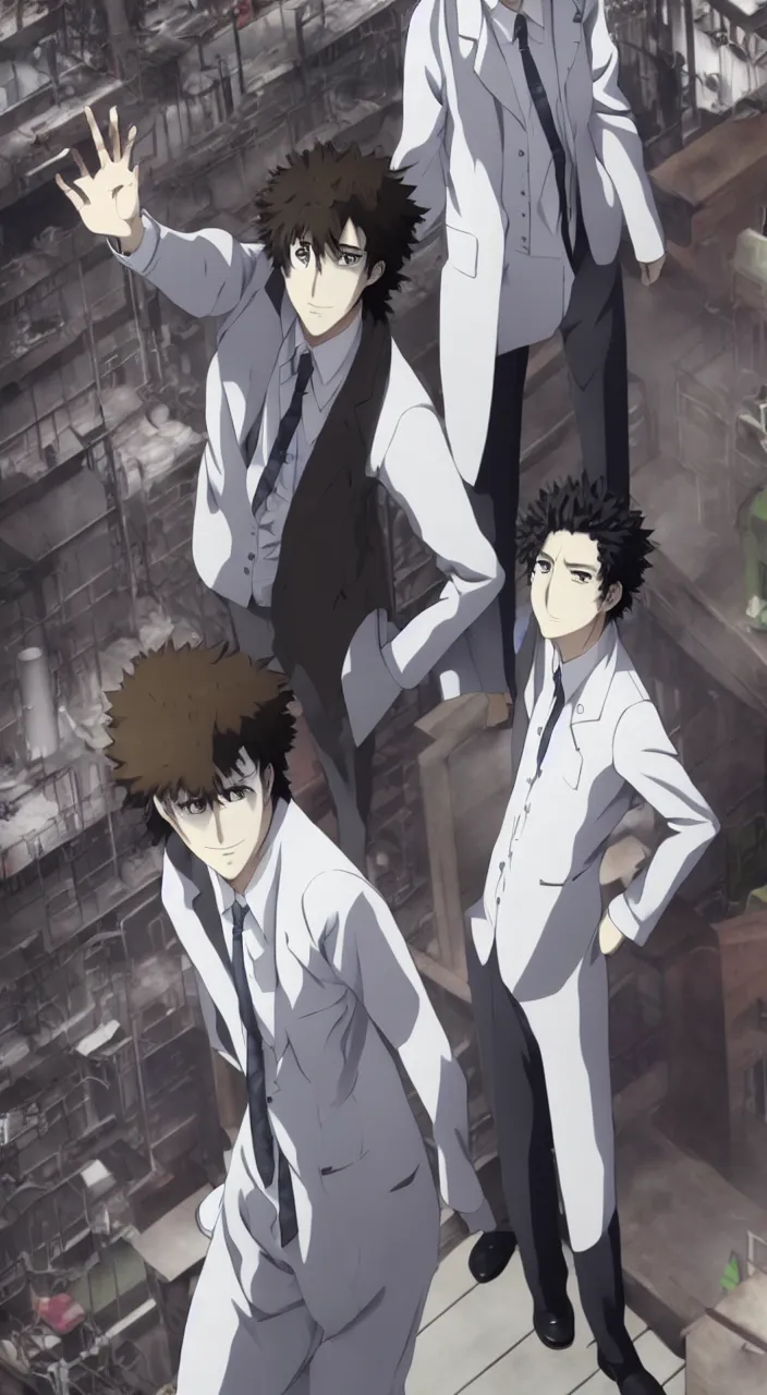 Prompt: okabe rintarou looking at viewer on rooftop, steins ; gate, digital anime art