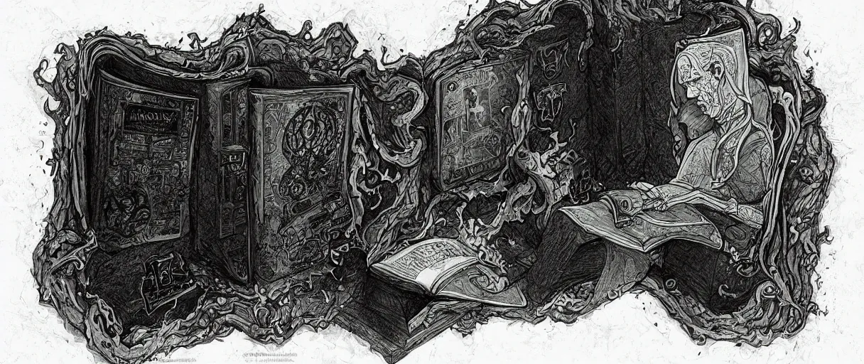 Image similar to “ a extremely detailed stunning portraits of hp lovecraft reading necronomicon by allen william on artstation ”