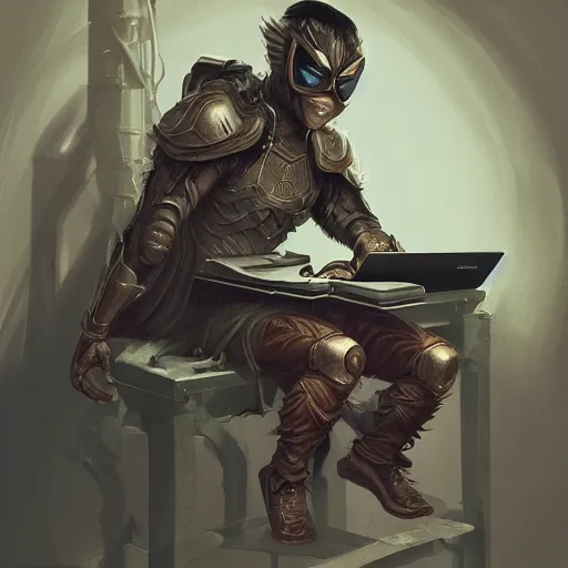 Image similar to an insanely detailed painting of a asian man wearing a homemade superhero costume and mask, sitting at a computer desk typing on the keyboard, in the style of peter mohrbacher, dramatic lighting and composition, trending on artstation, concept art, comic book, graphic novel, back view