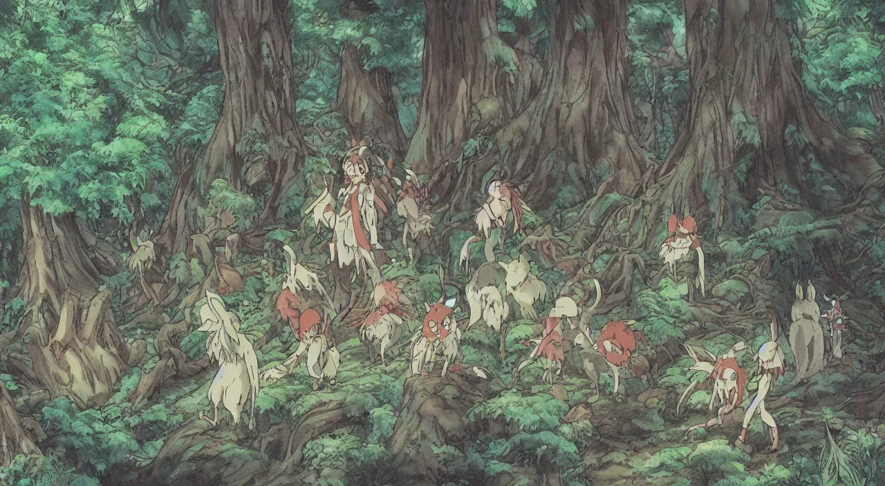 Image similar to studio ghibli anime still of a fantasy forest, forest ghosts from princess mononoke, mythical, key anime visuals