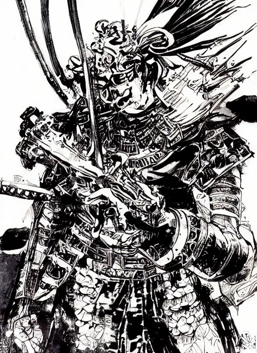 Image similar to a demonic samurai with a rocket launcher, by takehiko inoue and kim jung gi, masterpiece ink illustration