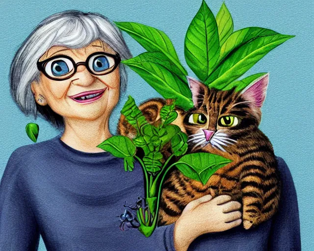 Image similar to detailed cartoon portrait of an old lady and her plant cat, pixar, sharp high quality