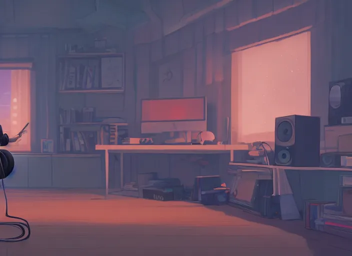 Image similar to man with headphones at his home studio producing music late at night, very detailed, 4 k, cory loftis, james gilleard, atey ghailan, makoto shinkai, goro fujita, studio ghibli, rim light, exquisite lighting, clear focus, very coherent