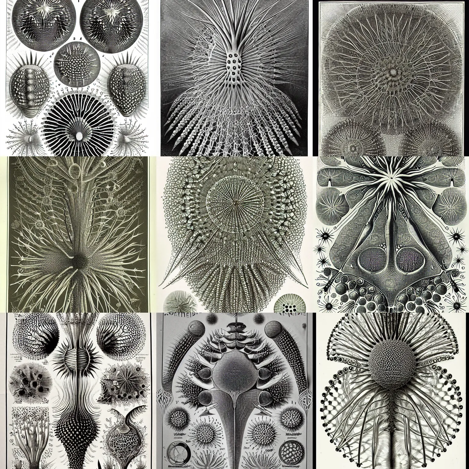 Prompt: Radiolaria scientific zoological illustration in vintage Victorian England style by Ernst Haeckel
