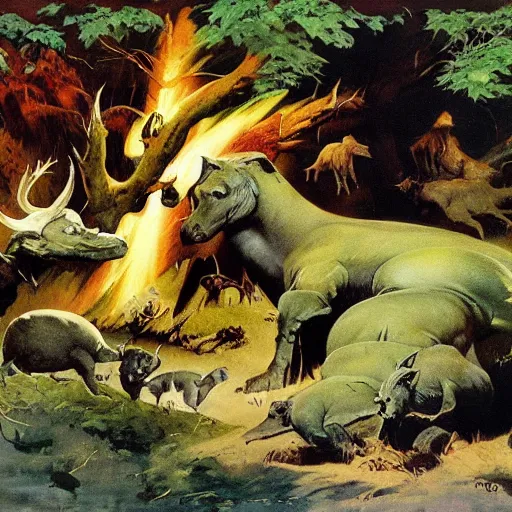 Image similar to eternal friendship and rest of the animals of the forest by Frank Frazetta, 8k resolution