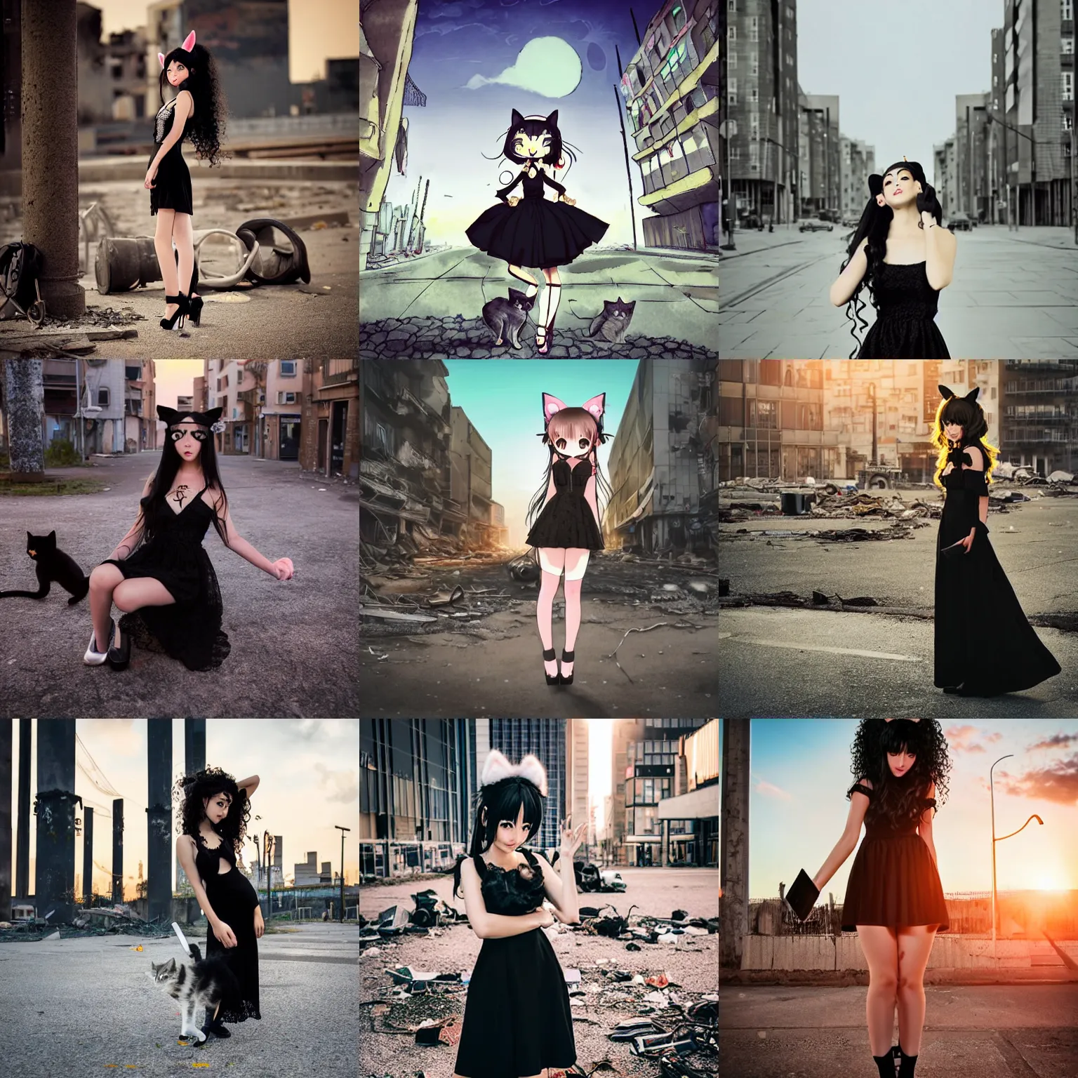 Prompt: cute neko girl with long black curly hair and 2 small cat ears on her head wearing nice black lace short evening dress and black high - heeled shoes, in the middle of the square of a ruined post - apocalyptic city at sunset