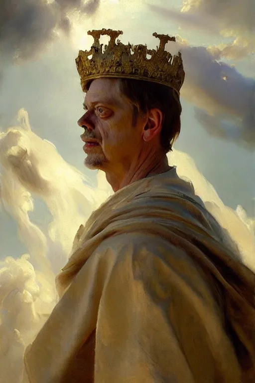 Image similar to beautiful detailed expressive impressionistic oil painting portrait of ancient roman god emperor steve buscemi ascending into the clouds wearing the civic crown, renaissance painting, art by anders zorn, wonderful masterpiece by greg rutkowski, expressive brush strokes, beautiful cinematic light, american romanticism by greg manchess, jessica rossier