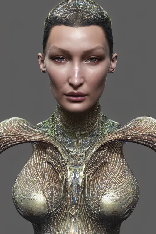 Prompt: a highly detailed metahuman 4 k render close up of a divine alien goddess bella hadid in iris van herpen dress schiaparelli in diamonds swarovski and jewelry in style of alphonse mucha trending on artstation made in unreal engine 4