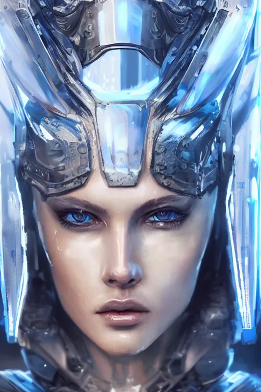 Image similar to ultra realist and ultra intricate detailed soft painting of a beautiful sci-fi armored female, thin lustrous long auburn hair shaved on one side, symmetry features, glowing blue eyes, sensual gloomy style, volumetric clouds, cyberpunk background, artstation, unreal render, depth of field