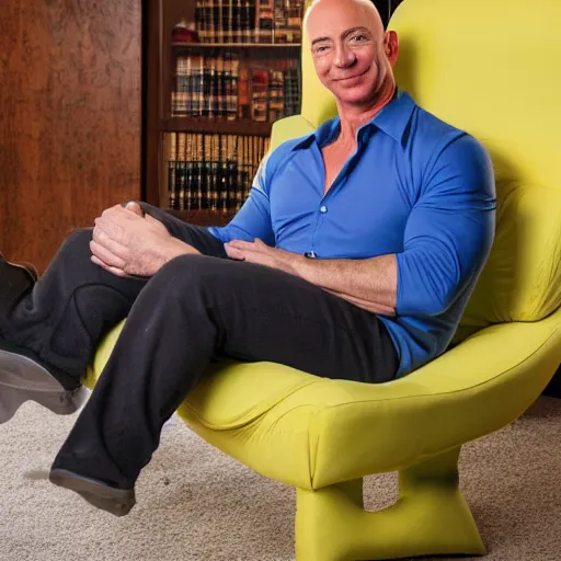 Prompt: portrait photo of swole jeff bezos cosplaying as lou ferrigno's incredible hulk while wearing yellow oven mitts and reclining in a lounge chair