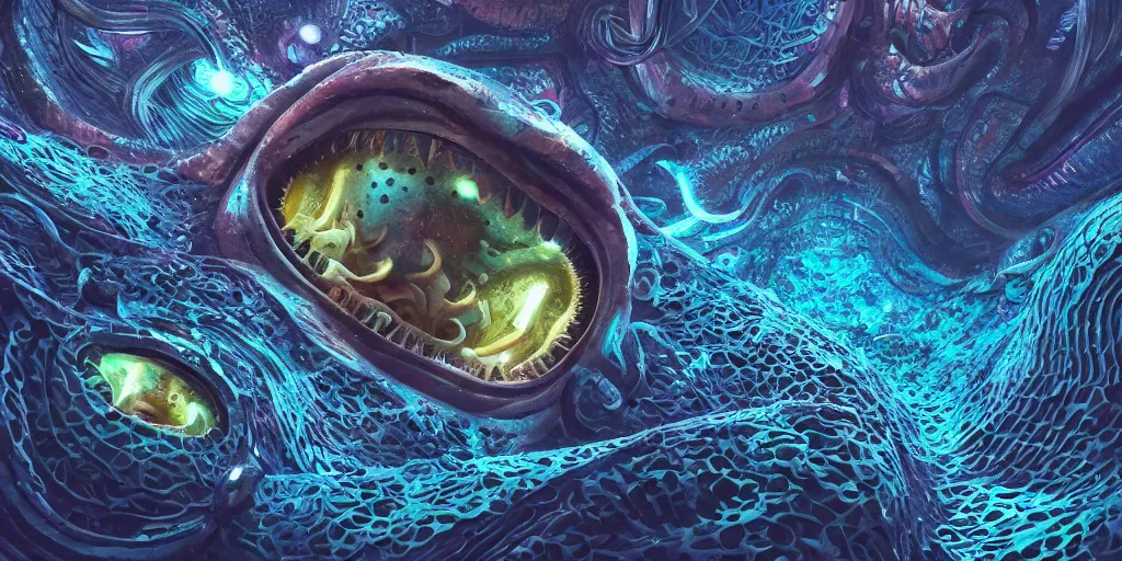 Image similar to of an intricate deep sea with strange cute friendly happy creatures with huge eyes, long tongue, round teeth and goofy funny face, appearing from the background, in the style of gehry and gaudi, macro lens, shallow depth of field, ultra detailed, digital painting, trending artstation, concept art, illustration, cinematic lighting, photorealism, epic, octane render