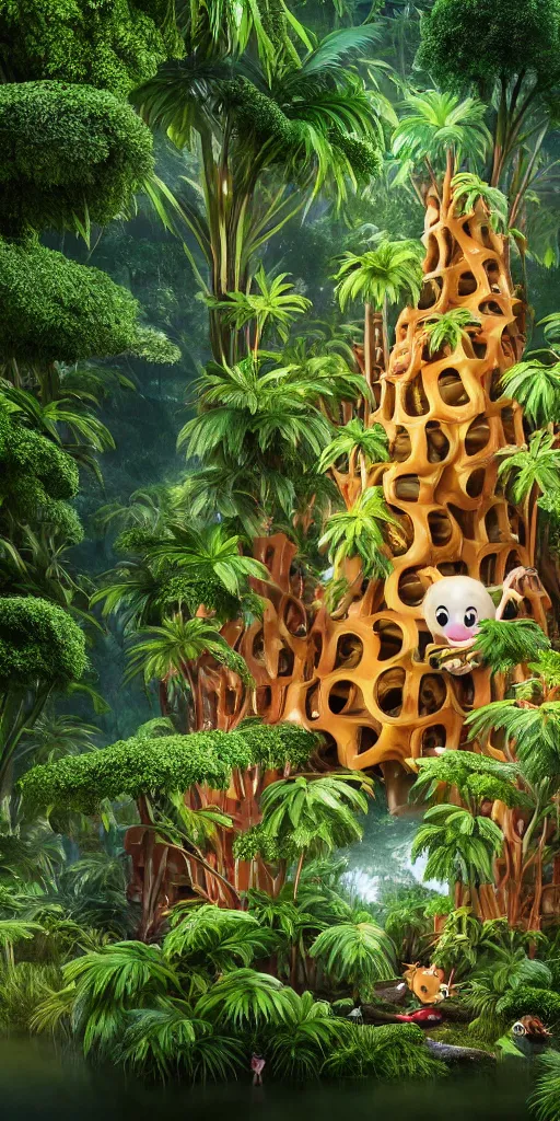 Image similar to of a tropical rainforest lake with strange cute friendly happy creatures with huge eyes, mouth, long tongue, round teeth and goofy face, appearing from the treesl, in the style of gehry and gaudi, macro lens, shallow depth of field, ultra detailed, digital painting, trending artstation, concept art, illustration, cinematic lighting, photorealism, epic, octane render