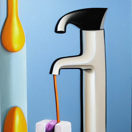 Prompt: a painting of a faucet and soap dispenser, an airbrush painting by howard arkley trending on artstation, photorealism, hyper realism, oil on canvas, detailed painting