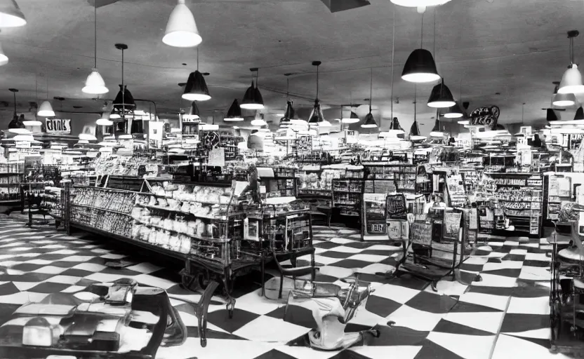 Image similar to interior of a 1950s style super market, retro equipment, red, black and white checkered patterns, us style