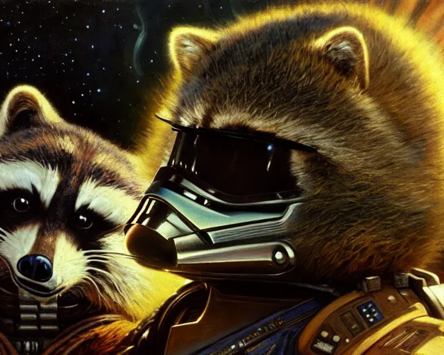 Prompt: closeup portrait of furry rocket the raccoon sitting in the cockpit of the millennium falcon, wearing stormtrooper armor!!, painting by gaston bussiere, craig mullins, j. c. leyendecker, lights, art by ernst haeckel, john william godward, hammershøi