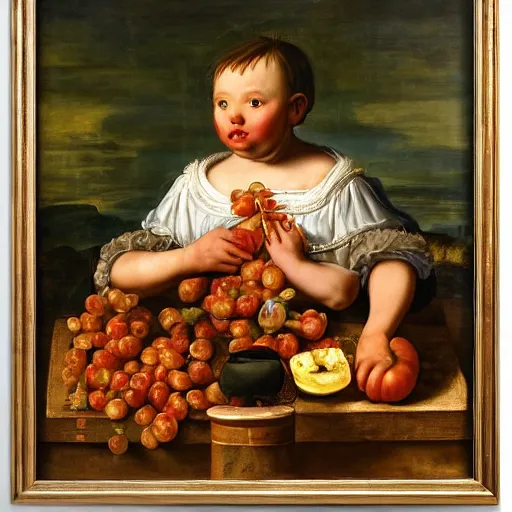 Image similar to a boy sitting in a tub full of tomato sauce, the moon is made by bananas, by giuseppe arcimboldo, renaissance, portrait, fruit, detailed oil paint, high definition