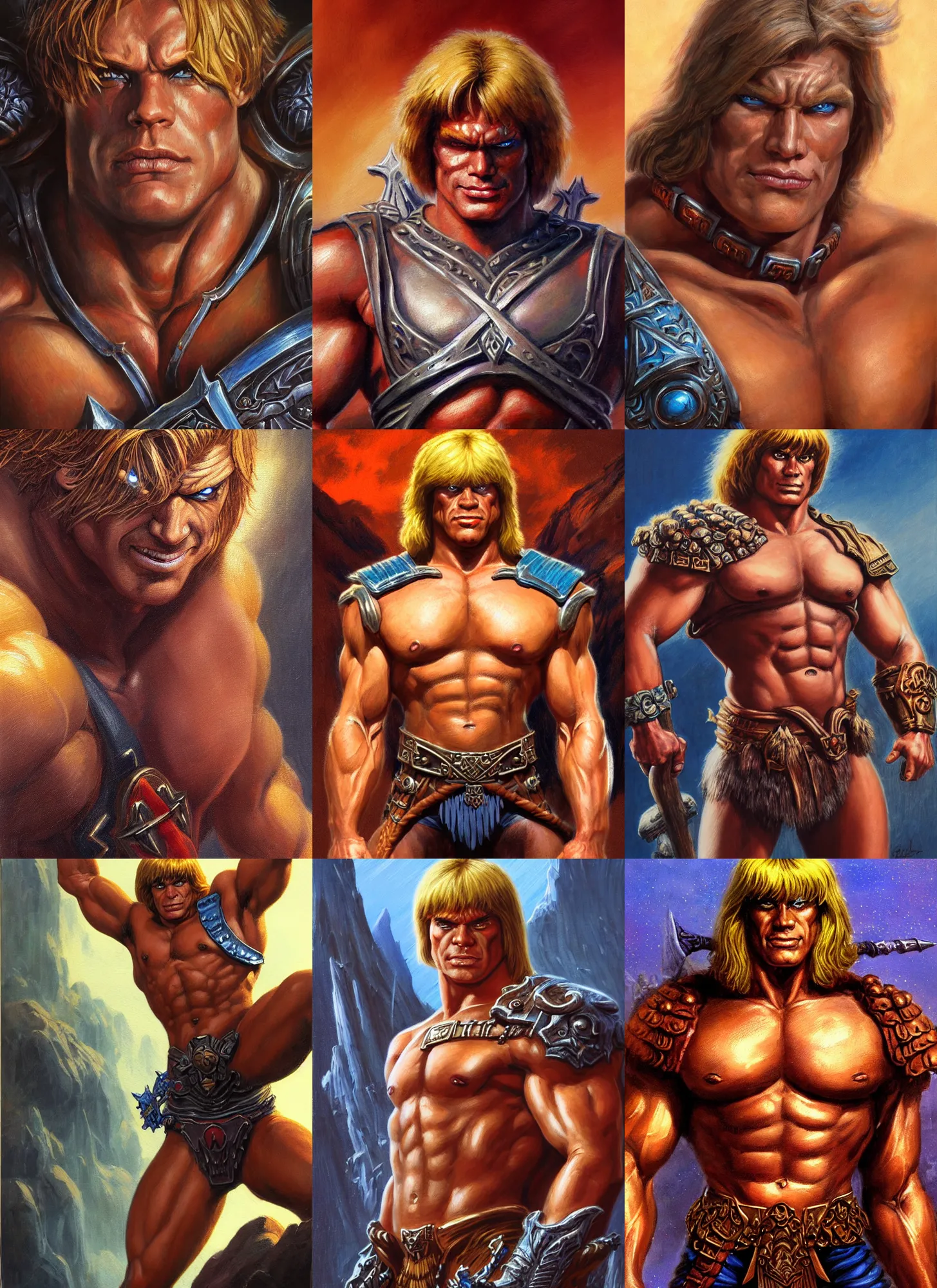 Prompt: he - man, closeup portrait, sci fi, fantasy, intricate, with german iron cross on bare chest, stoic, loin cloth, highly detailed, oill painting, artstation, concept art, matte, sharp focus, painting by earl norem and lev lagorio and jim lee