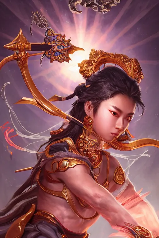 Image similar to a masterpiece portrait of nezha, legendary god holding spear, hero action pose, fantasy character portrait, hyper detailed, digital painting, 8 k realistic, trending on artstation, sharp focus, dof, by fenghua zhong, artgerm, ne zha from smite, tsuyoshi nagano, phonenix in background