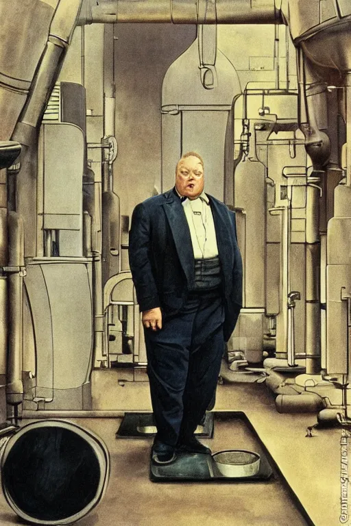 Image similar to the baron harkonnen standing in a laboratory on guidi prime, colour painting by normal rockwell, dune movie 1982