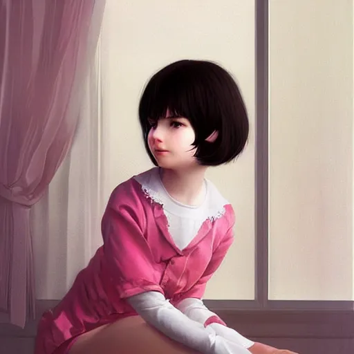 Image similar to little girl in pajama. digital artwork made by ilya kuvshinov, inspired by balthus, highly detailed, realistic,