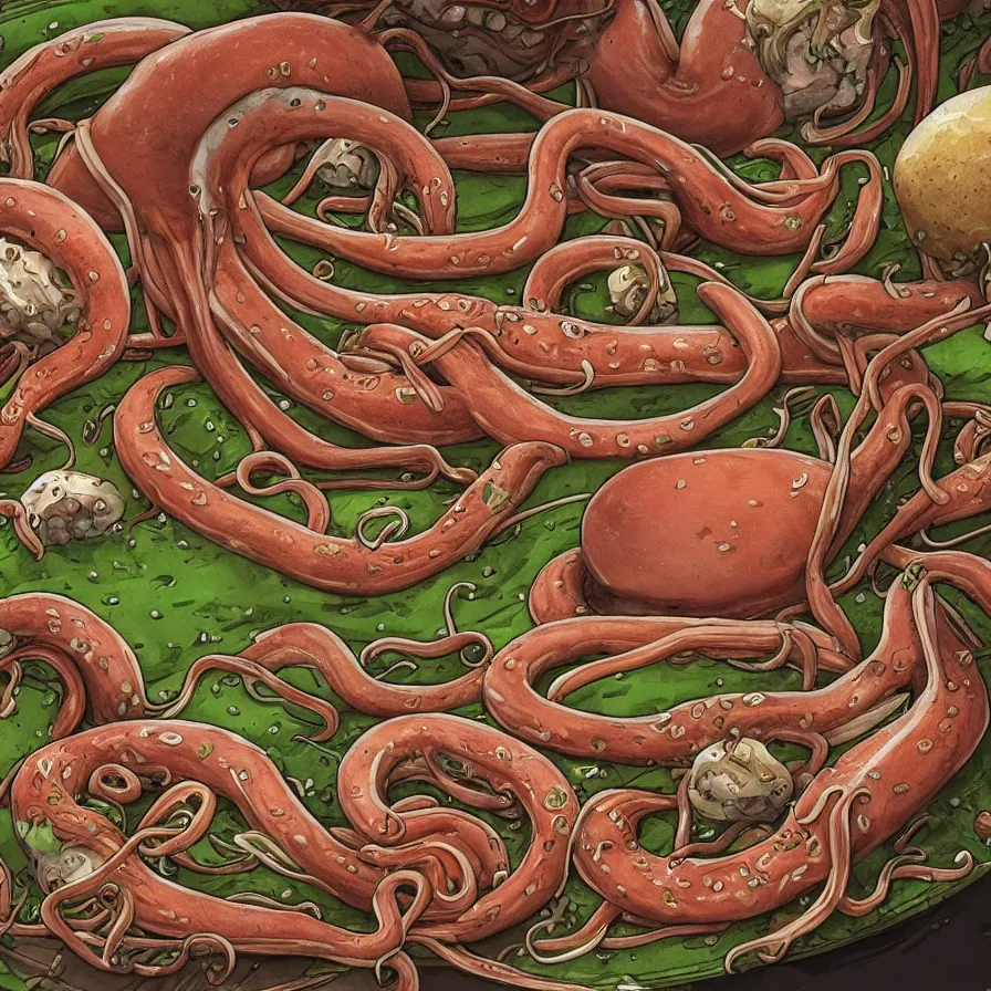 Image similar to a beautiful ultra detailed anatomical illustration of a giant squid holding many burgers, tentacles wrapped around burgers, artstation, 8 k