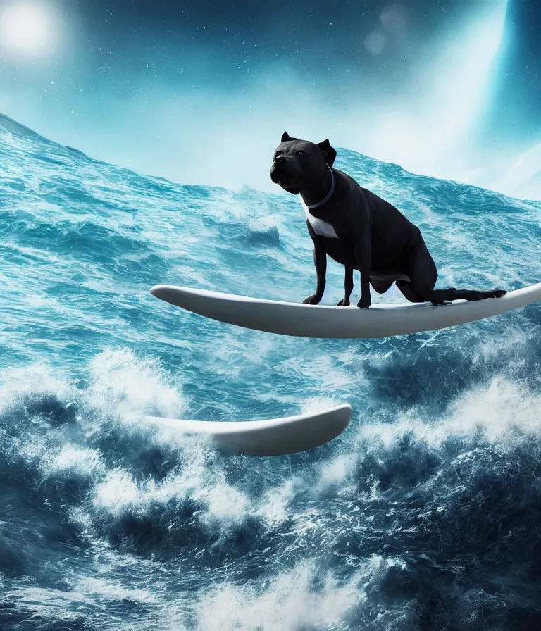 Image similar to photo of a dark gray coat pit bull with a white paws and a white nose!, trending on artstation surfing on a surfboard in a crashing wave of alien ocean in space, background is an alien galaxy, aliens in the background, alien colors, octane render, unreal engine, wide view, 8 k, highly detailed