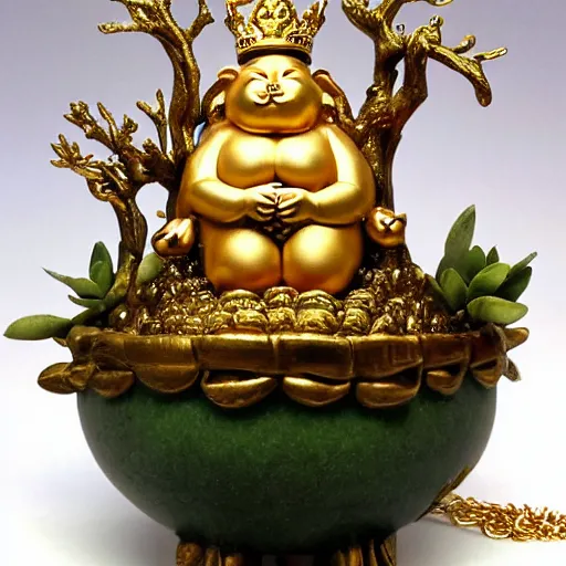 Prompt: Piggy deity, fat figure, Cute, adorable, elegant, chubby, pink, gold, warm, wearing a crown, bracelets and necklaces, pale blue carpet, potted plants, figure, realistic, hair detailing, background is heavenly,wonderland at night, The light in the deep forest full of mythical creatures of the picture, according to European art, Golden Sacred Tree, Golden Apple, Flower Garden,Hyper realistic render. Den noise. Volumetric Lighting. Dynamitc Lighting. Unreal Engine. octane. Hyper Cinematic lighting