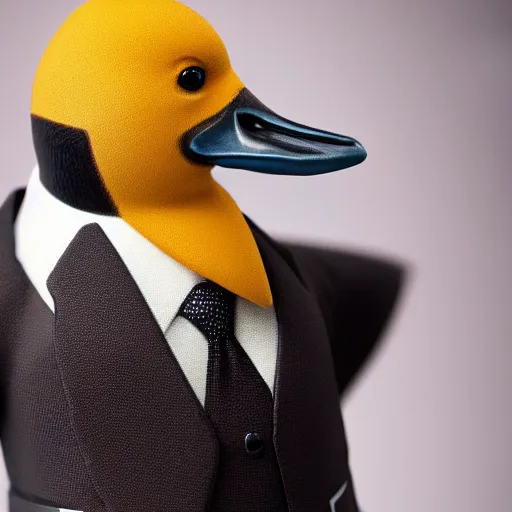 Image similar to a high detail photo of an antropomorphic duck wearing a suit, trending on artstation