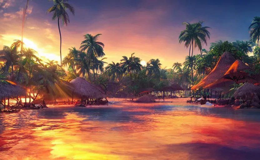 Image similar to a tropical resort in a jungle paradise, with a beautiful red and blue sunset, dynamic lighting, photorealistic fantasy concept art, trending on art station, stunning visuals, creative, cinematic, ultra detailed, ray tracing, sun rays, native tribes, wonderous waters, amazing detail