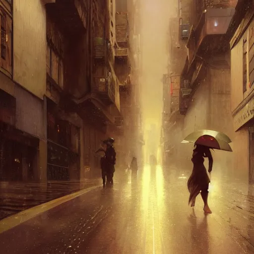 Image similar to a beautiful picture of a space opera street under rain by william - adolphe bouguereau and greg rutkowski, low angle shot, trending on artstation