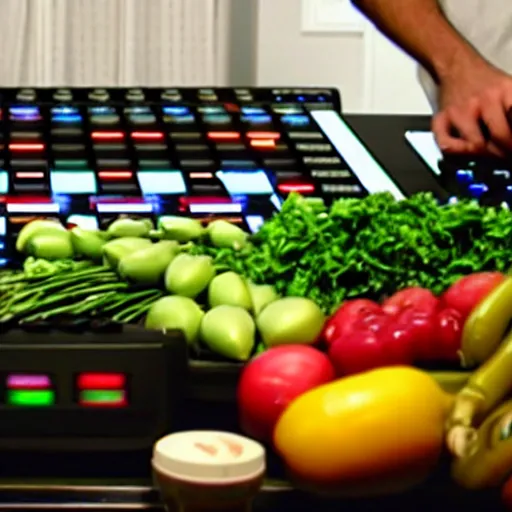 Image similar to film still of fresh produce making beats on an mpc