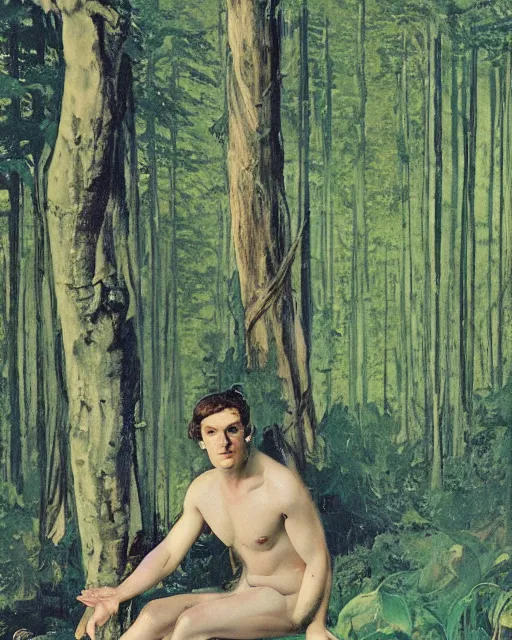 Prompt: the great god pan, fully clothed, in a forest clearing, 1 9 7 0 s, seventies, wallpaper, delicate embellishments, painterly, offset printing technique, by brom, robert henri, walter popp