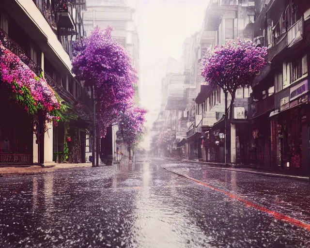 Prompt: a city street under rain of flowers octane