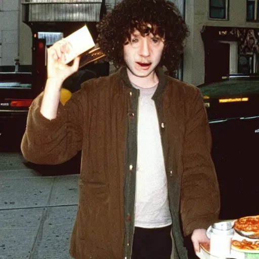 Image similar to a healthy vegan hobbit ordering pizza in new york in the 1990's