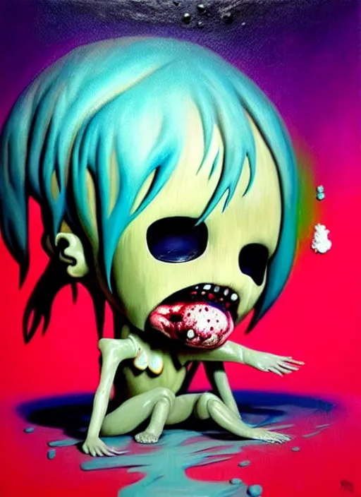 Prompt: a dramatic emotional hyperrealistic pop surrealist oil panting of a sad sobbing grotesque kawaii vocaloid figurine caricature sobbing red in the face uglycrying with tears and snot featured in dead space hill 2 by roger dean made of dripping paint splatters, 😭 🤮 💕 🎀