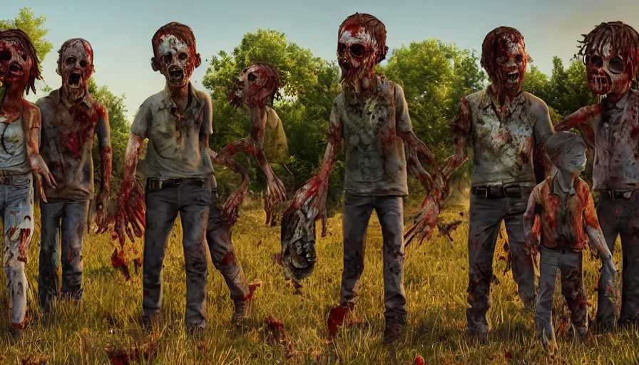 Prompt: the walking dead by lisa frank's. rotting corpse, zombies, octane render, unreal 5 8 k depth of field, highly - detailed, in the style of the simpsons