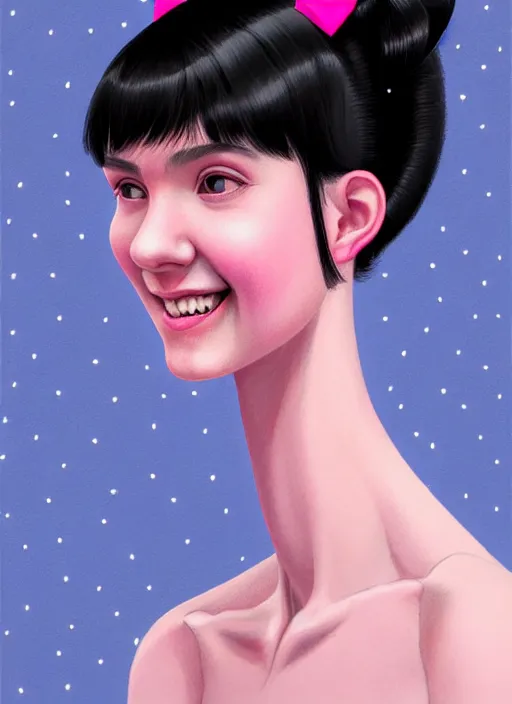 Image similar to portrait of high school girl, realistic, black hair, bangs, half updo hairstyle, pointy nose, skinny, smile, ugly, defined jawline, big chin, pink hair bow, earrings, intricate, elegant, glowing lights, highly detailed, digital painting, artstation, sharp focus, illustration, art by wlop, mars ravelo and greg rutkowski