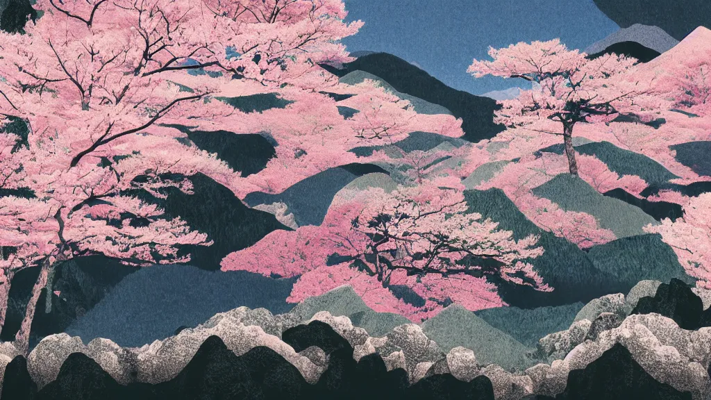 Image similar to a mountainside landscape with sakura trees, japan, a collage painting, in the style of wes anderson, lola dupre, david hockney, isolated on negative white space background dark monochrome neon spraypaint accents volumetric octane render