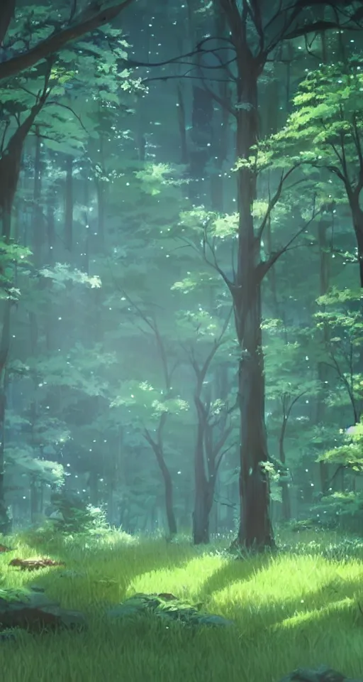 Prompt: fireflies in the forest by makoto shinkai, animation background, finely detailed